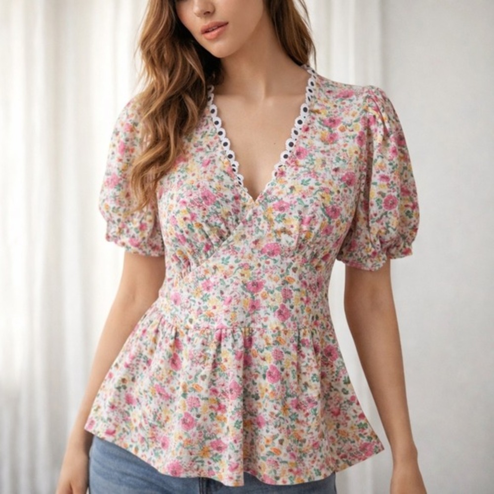Fifty Street Floral Peplum Top Womens M Pink Boho‎ Cottagecore Puff Sleeve Y2K